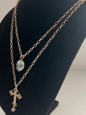 Katia Designs Gold Layered Cross Necklace "I Am Loved" Crystal Pendant - NWOT